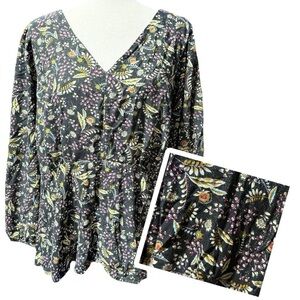 Lane Bryant Dark Floral V Neck Babydoll Top Sz 18 2X Forest Fairy Sparkle Black